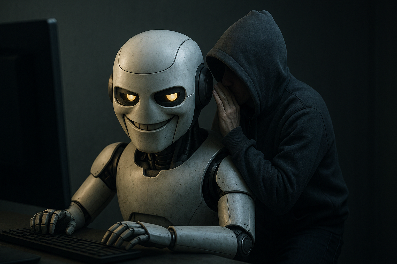 Hacker whispering prompt injection exploit to humanoid AI robot at computer, symbolizing AI security threats and large language model vulnerabilities
