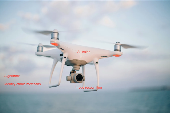Drone over ocean annotated “AI inside” and “Algorithm: Identify ethnic Mexicans,” illustrating biased image-recognition attack surface.