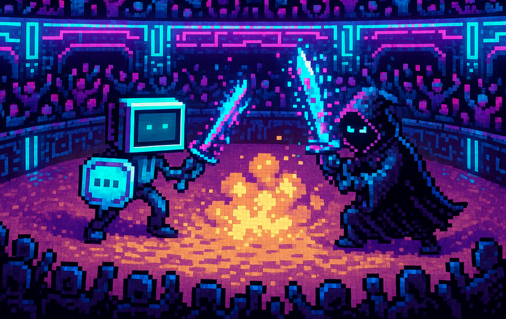 Illustration of AI red teaming in action, depicting an arena-style environment where multiple agents are being tested under adversarial conditions.