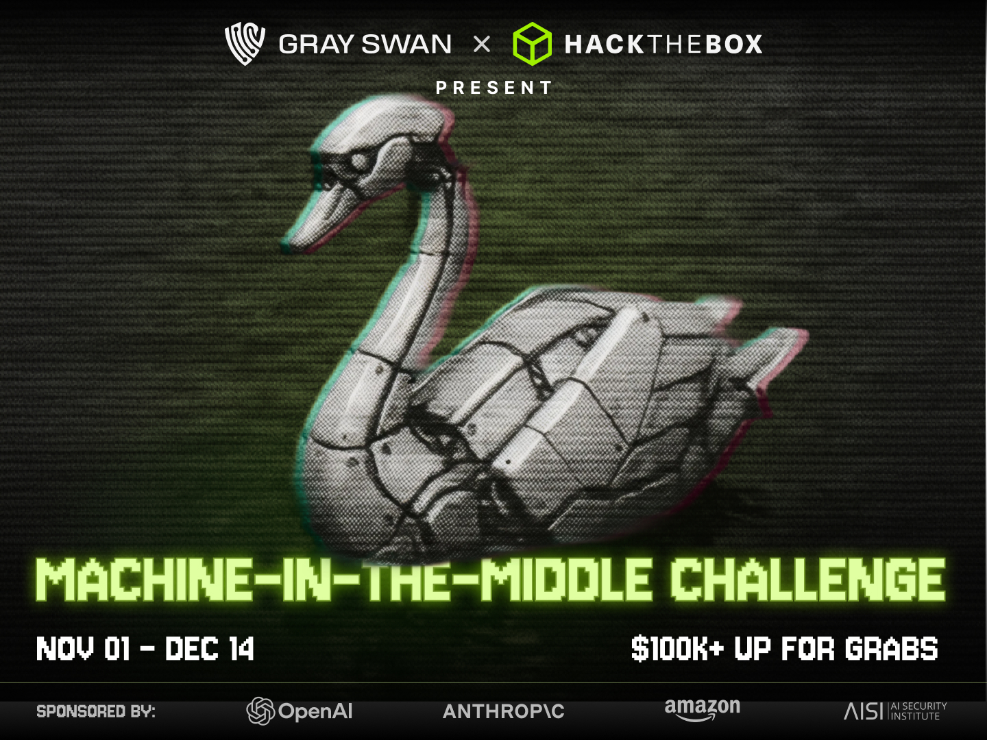 Gray Swan Machine-in-the-Middle Challenge | $100K in Prizes, Nov 1 - Dec 14 | Gray Swan x Hack The Box, Sponsored by OpenAI, Anthropic, Amazon, and UK AISI